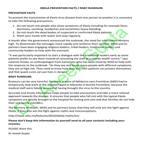 EBOLA PREVENTION FACTS / RISKY RUMOURS