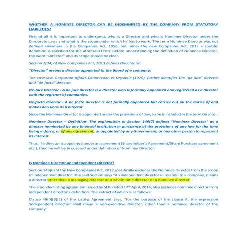 Indemnification to Nominee Director- Allowed or not-CA 2013