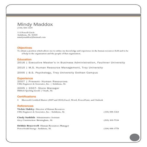 Resume of Mindy Maddox