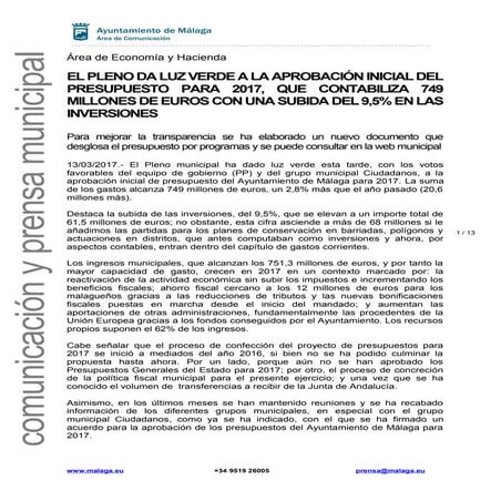EL PLENO DA LUZ VERDE A LA APROBACIÓN INICIAL DEL  PRESUPUESTO PARA 2017, QUE...