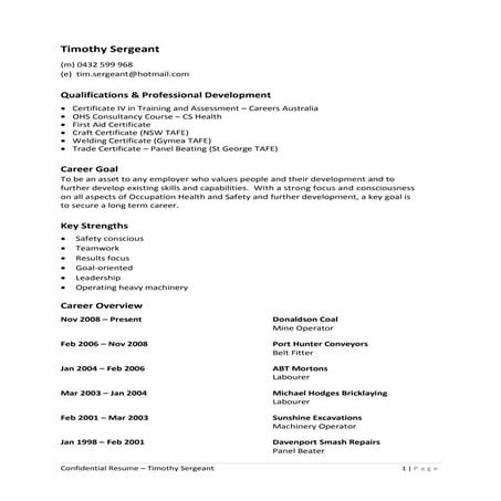 Confidential Resume of Timothy Sergeant