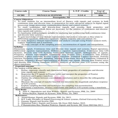 EC202 SIGNALS & SYSTEMS SYLLABUS
