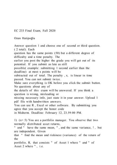 Ec 233 final exam, fall 2020 ozan hatipoÄŸlu answer que