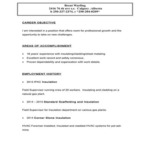 B WARLING NEW RESUME