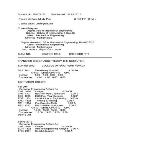 Unofficial Transcript