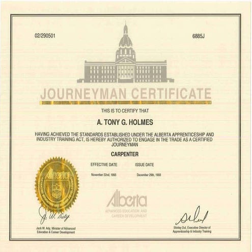 Alberta Journeyman Carpenter Certificate