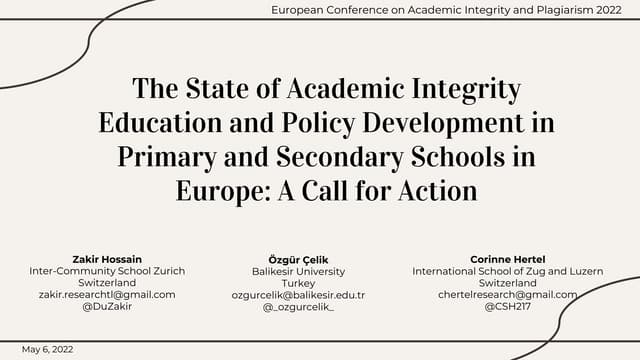The State of Academic Integrity Education and Policy Development in Primary and Secondary Schools in Europe: A Call for Action