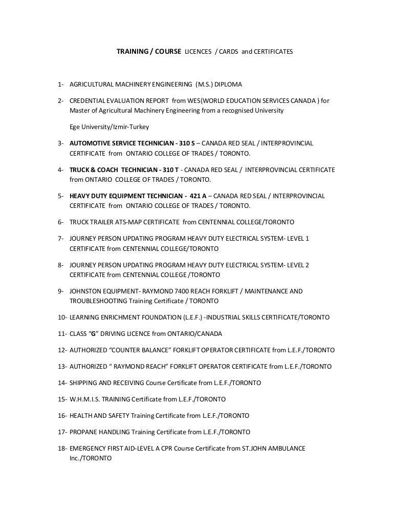 TRAINING LICENCES and CERTIFICATES