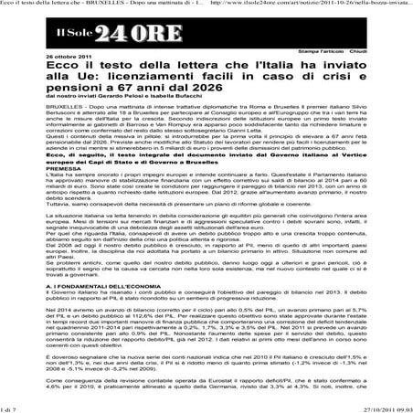 Ecco il testo della lettera che   bruxelles - dopo una mattinata di - il sole 24 ore