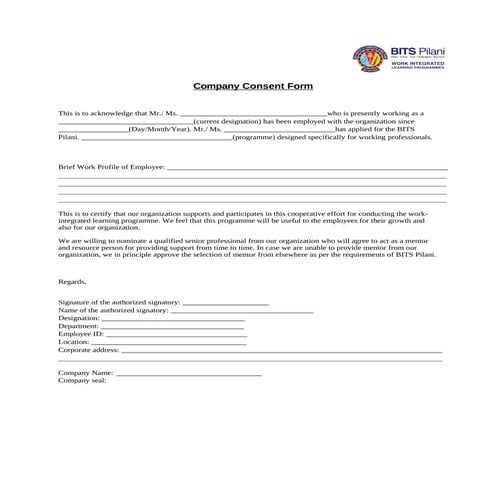 Company Consent Form for Employee Work-Integrated Learning Program | PDF
