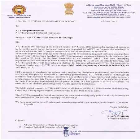 Eci Aicte Mou For Student Internship Pdf