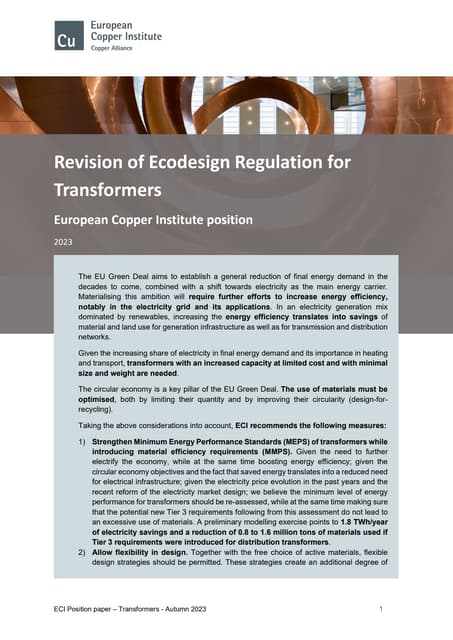 European Copper Institute position on Transformers Regulation revision - Sept...