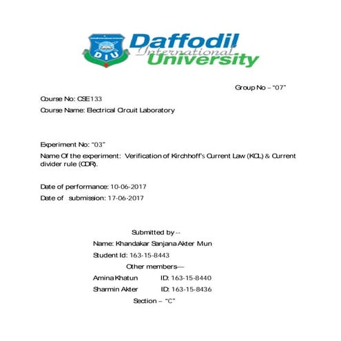 Electrical circuit verification of K irchhoff’s Current Law(KCL) & Current di...