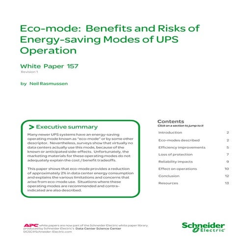 Eco-mode: Benefits and Risks of Energy-saving Modes of UPS Operation