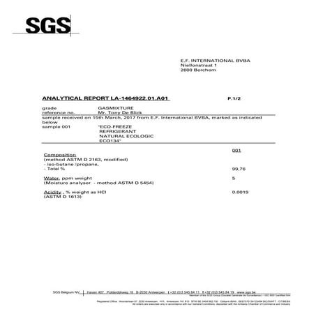 ECO134 Analytical Report - Hydrocarbon Refrigerant