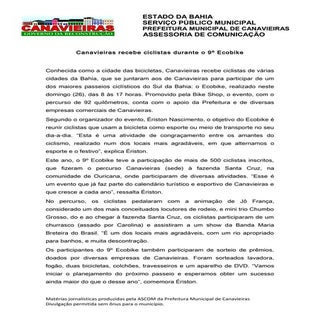 Ecobike agita Canavieiras