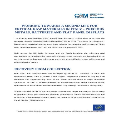 Critical Raw Materials - Working towards a second life for Critical Raw ...