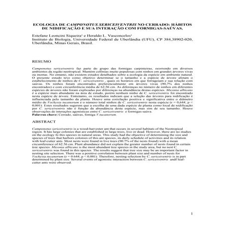 Ecologia de camponotus sericeiventris no cerrado