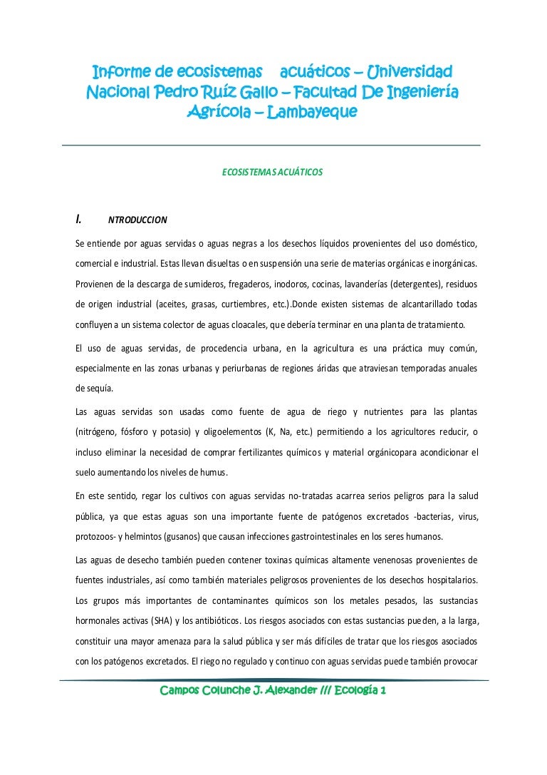 Ecologia Informe De Ecosistemas Acuaticos Trabajo 02
