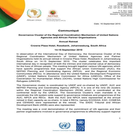 Communiqué Governance Cluster of the Regional Coordination Mechanism of Unite...