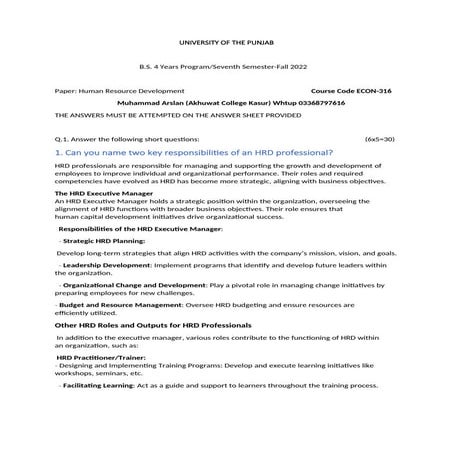 PU2022Econ 316 Fall 2022 Soled Human Resourse Development by Arslan.docx