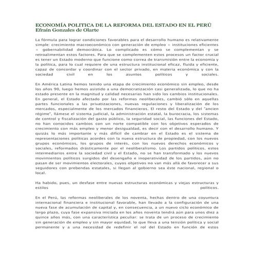 Economía politica de la reforma del estado en el perú efraín gonzales de olarte