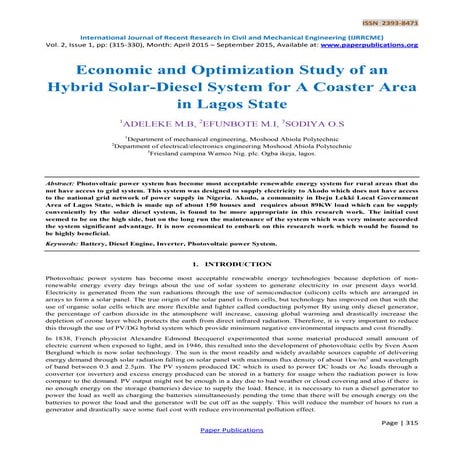 Economic and Optimization Study of an Hybrid Solar-Diesel System for A Coaste...