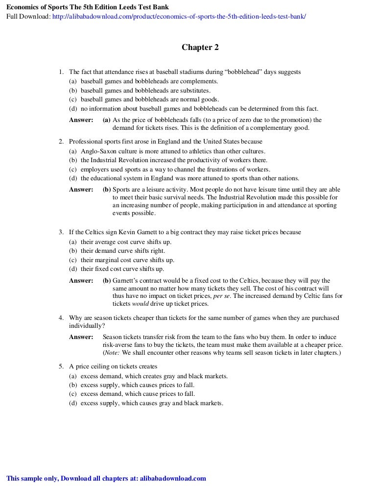 Economics Of Sports The 5th Edition Leeds Test Bank