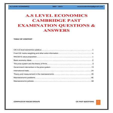 AS level economics, cambridge examinations compiled questions with answers