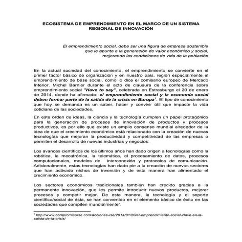 Ecosistema de Emprendimiento en el marco de un Sistema Regional de Innovación