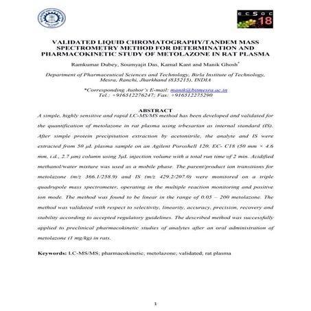 VALIDATED LIQUID CHROMATOGRAPHY/TANDEM MASS SPECTROMETRY METHOD FOR DETERMINA...