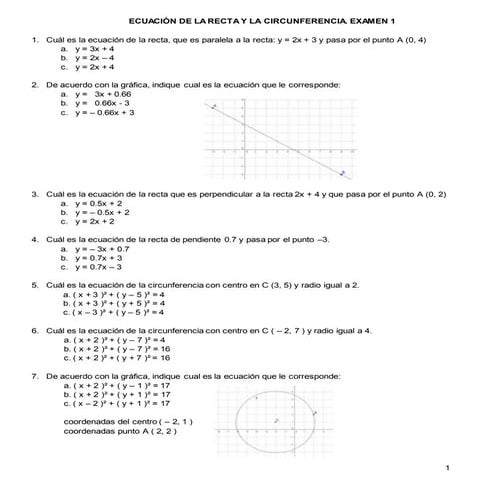 Ecuación de la recta y circunferencia. examen 1
