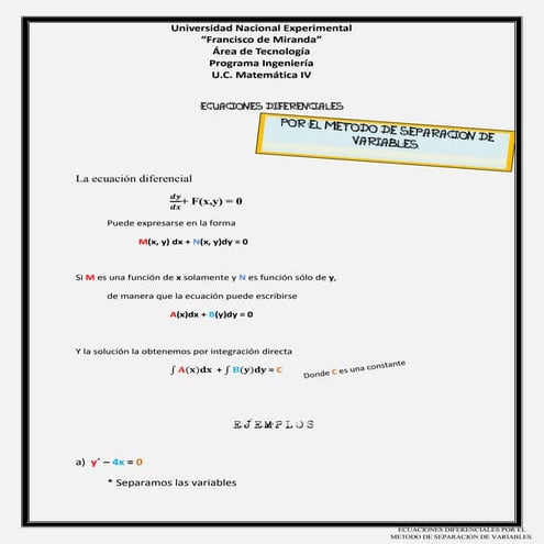 Ecuaciones diferenciales por separación de variables