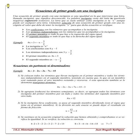 Ecuaciones primer grado con una incognita