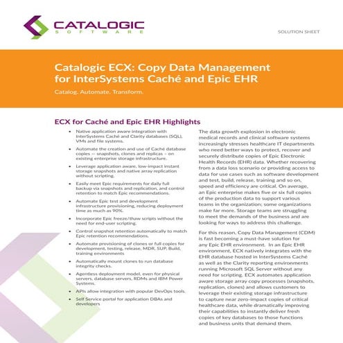 Catalogic ECX: Copy Data Management for InterSystems Caché and Epic EHR