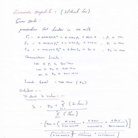 Power Systems Engineering - Economic Dispatch Hand calculation without Losses...