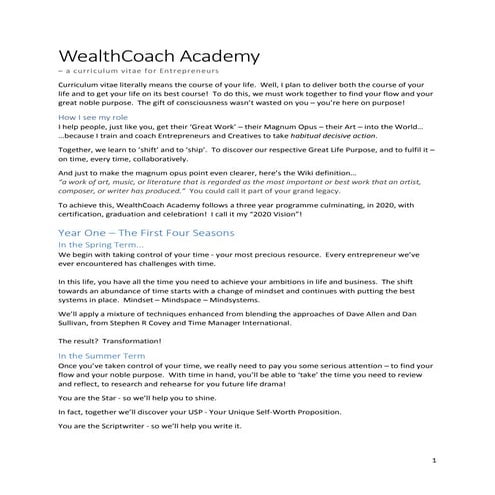 WealthCoach Academy - The Curriculum for the First Four Seasons