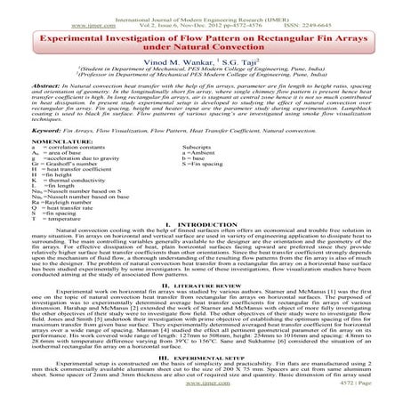 Experimental Investigation of Flow Pattern on Rectangular Fin Arrays under Na...