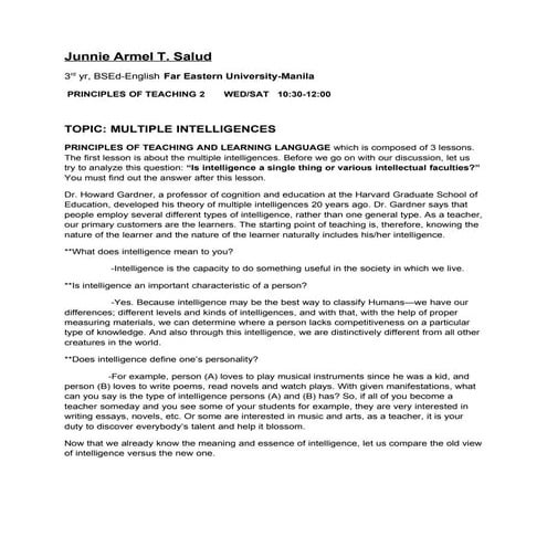 PRINCIPLES OF TEACHING: Multiple Intelligences