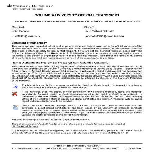 John Dellatto Columbia Official Transcript