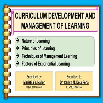 ED 713: UNIT IV - CURRICULUM DEVELOPMENT AND MANAGEMENT OF LEARNING