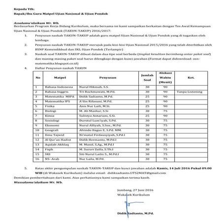 Edaran pembuatan soal takun takup