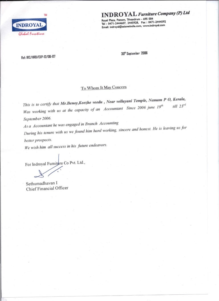 Indroyal Global Furniture Experience Certificate