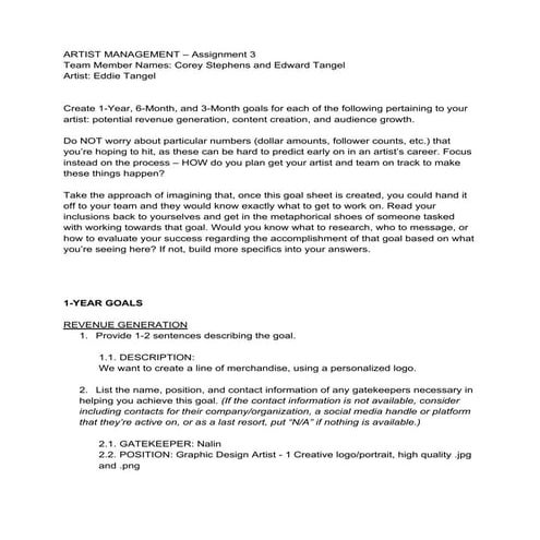 Artist Management - Artist Analysis & 1-Year Goal Planning | DOCX