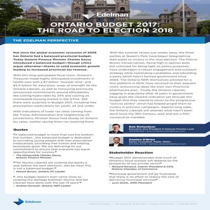 Ontario Budget 2017: The Road to Election 2018