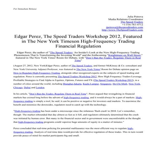 Edgar perez, the speed traders workshop 2012, featured in the new york times ...