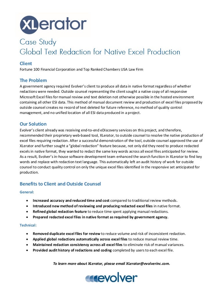 case study global text redaction for native excel production