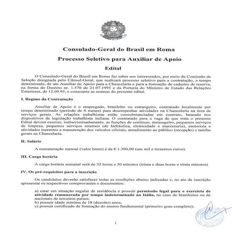 CONSULADO-GERAL DO BRASIL EM ROMA- PROCESSO SELETIVO PARA AUXILIAR DE APOIO
