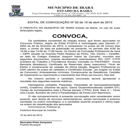 Edital de convocação nº 02   Concurso Prefeitura de Irará - 09.04.2013
