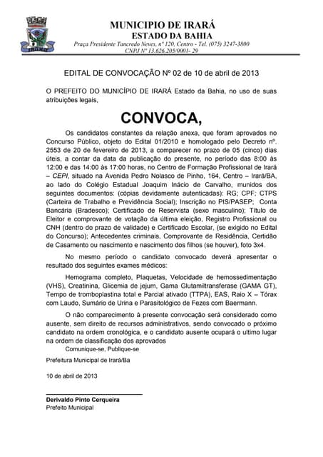Edital de convocação nº 02   Concurso Prefeitura de Irará - 09.04.2013